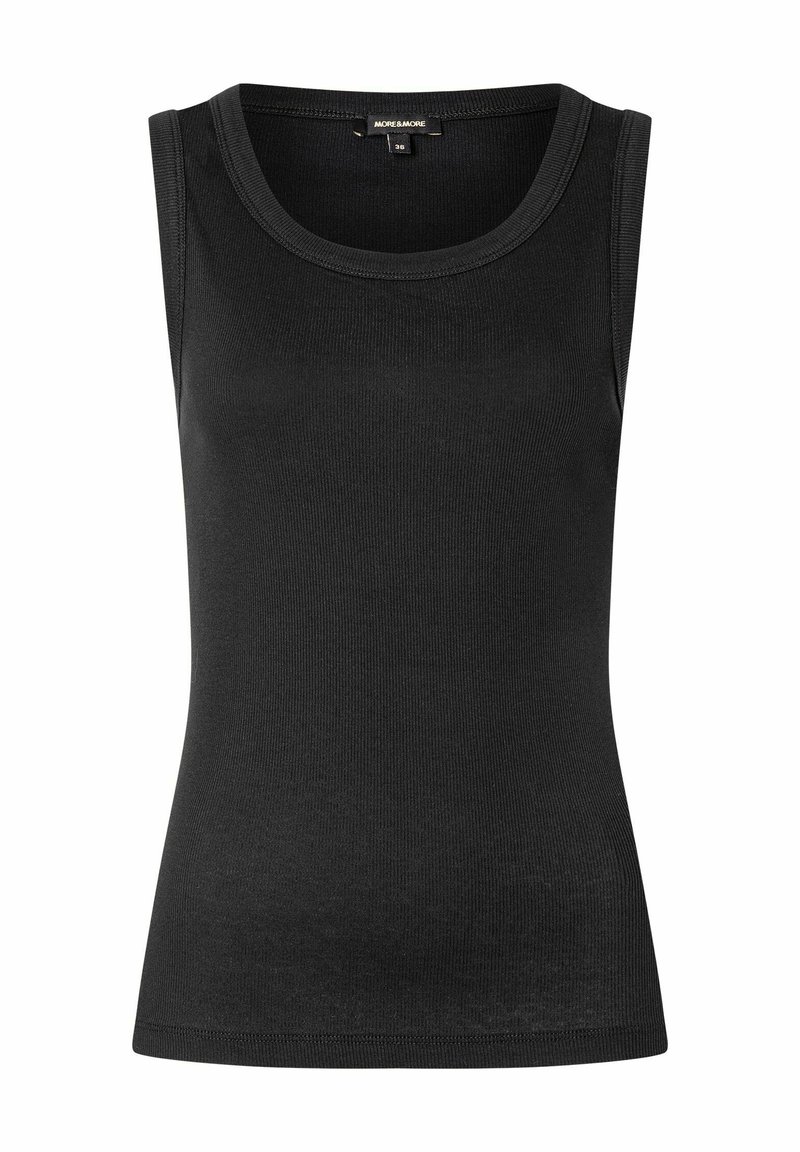 Schwarzes ärmelloses Tanktop aus geripptem Stoff, mit rundem Ausschnitt undfigürlichem Schnitt, glatte Textur ohne sichtbare Muster.