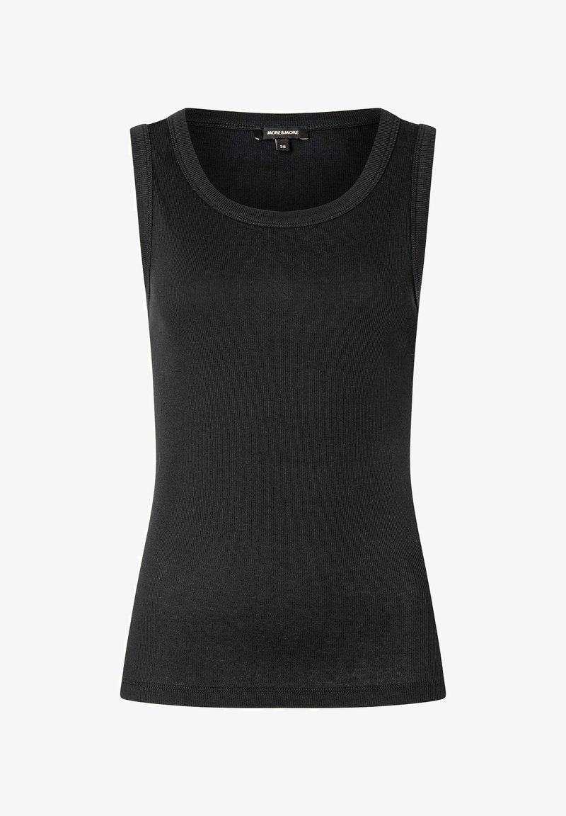 Schwarzes ärmelloses Tanktop aus geripptem Stoff, mit rundem Ausschnitt undfigürlichem Schnitt, glatte Textur ohne sichtbare Muster.
