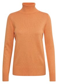 Raggsocka i orange, tillverkad av ett mjukt stickat tyg. Har långa ärmar och en ribbad krage, manschetter och fåll. Enkel design.