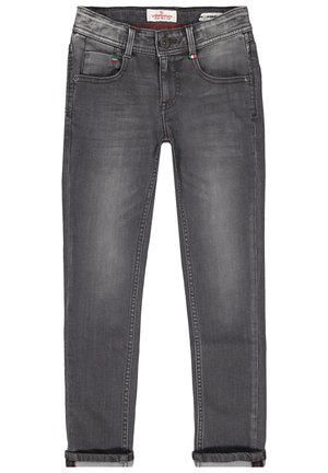 Graue Jeans aus Denim mit einer leicht zerknitterten Optik, ausgestattet mit fünf Taschen, einem Knopfverschluss und umgeschlagenen Säumen. Subtile Nähte heben das Design hervor.