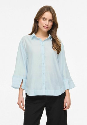 Žena s dlhými hnedými vlasmi, oblečená v svetlomodrej blúzke s gombíkmi a širokými manžetami a čiernych nohaviciach, stojaca pred jednoduchým pozadím.