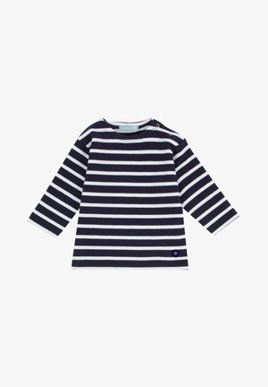 Haut à rayures bleu marine et blanc à manches longues avec un col rond et des boutons-pression à l'épaule. Tissu doux avec un accent de logo.