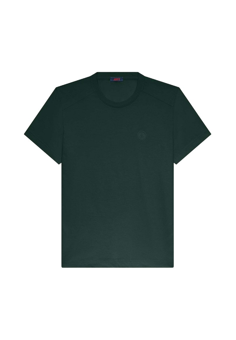 T-shirt vert foncé à manches courtes en tissu doux, avec un col rond et un logo discret sur la poitrine, coupe classique.