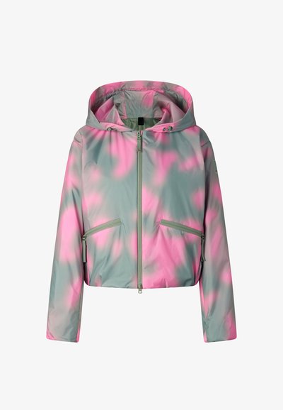 Hættetrøje med lynlås og hætte i gråt og pink batikmønster, to skrå lynlåslommer foran og lange ærmer.