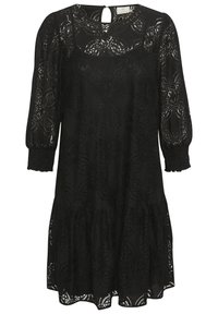 Robe en dentelle noire avec un design à étages, manches bouffantes 3/4, motifs floraux texturés et fermeture en goutte d'eau au dos. Matériau doux et léger.