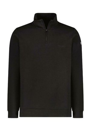 Zwart fleece pullover met een halverzip-kraag, lange mouwen en ribgebreide manchetten. Bevat een logo op de borst en heeft een gladde, zachte textuur.