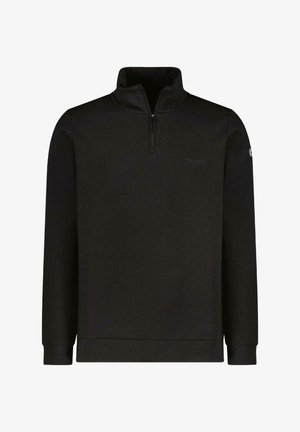 Zwart fleece pullover met een halverzip-kraag, lange mouwen en ribgebreide manchetten. Bevat een logo op de borst en heeft een gladde, zachte textuur.