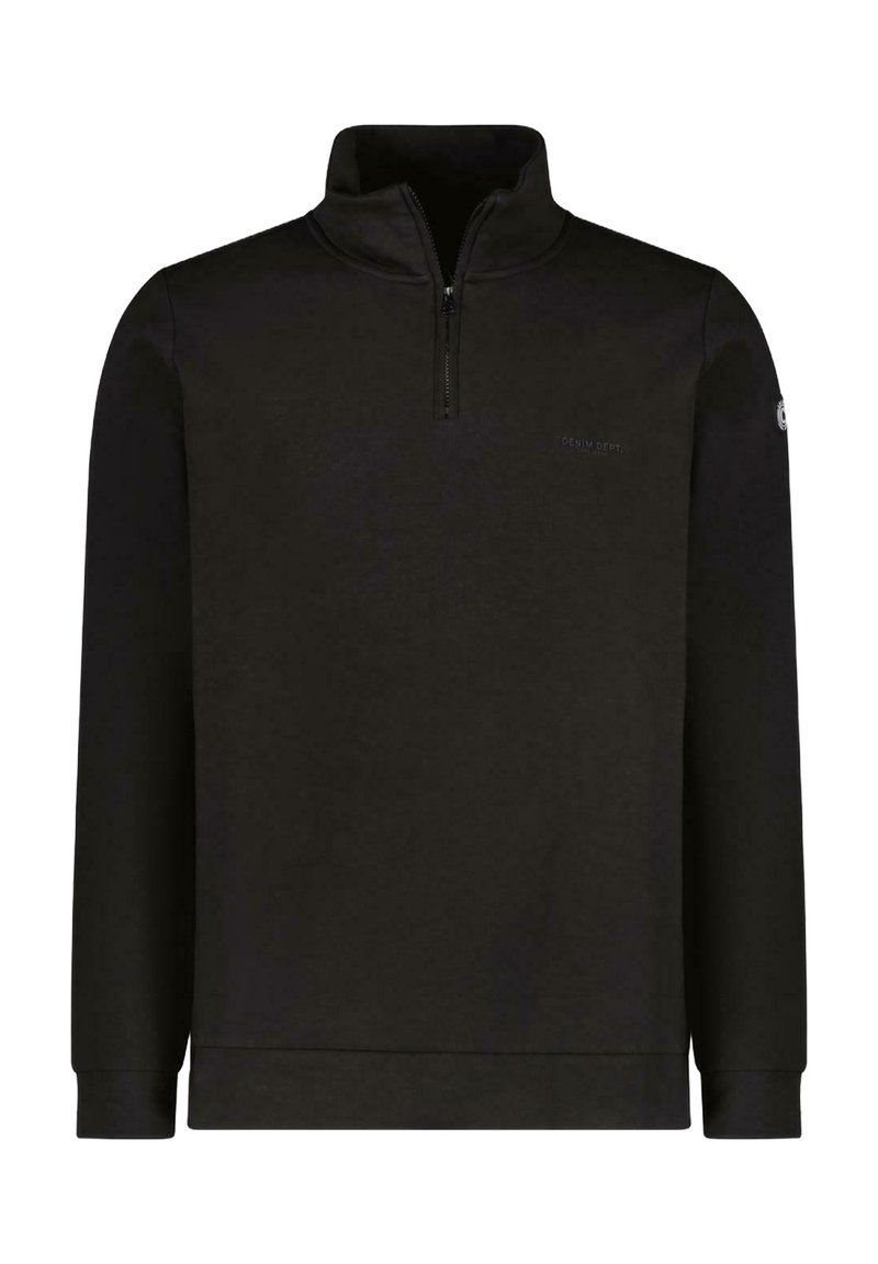 Zwart fleece pullover met een halverzip-kraag, lange mouwen en ribgebreide manchetten. Bevat een logo op de borst en heeft een gladde, zachte textuur.