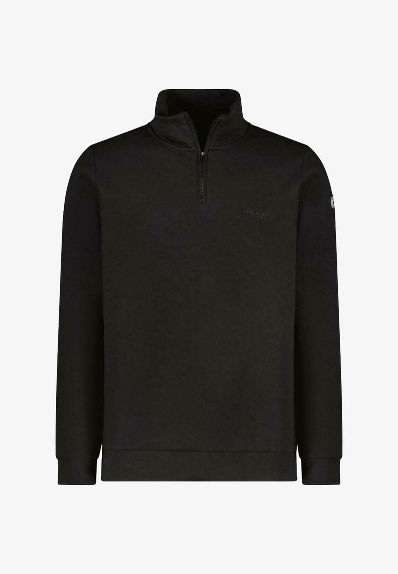 Zwart fleece pullover met een halverzip-kraag, lange mouwen en ribgebreide manchetten. Bevat een logo op de borst en heeft een gladde, zachte textuur.