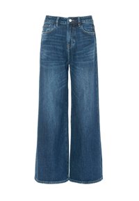 Plati kāju zili džinsi no denima ar priekšējiem kabatām, jostu cilpiņām un pogu aizdari, attēloti uz balta fona.