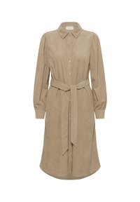 Beige corduroy long-sleeve button-up dress with collar, belted waist, puffed shoulders, and cuffed sleeves.