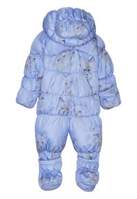 Pučiamasis kūdikio snowsuit šviesiai mėlynos spalvos audinio su katės raštu. Yra gobtuvas, elastiniai rankogaliai ir siuvinėtos konstrukcijos, skirta šilumai.