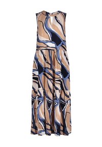 Maxikleid mit ärmellosem Design, Schlüssel-Ausschnitt, fließendem Stoff mit abstrakten Mustern in Beige-, Blau- und Schwarztönen.