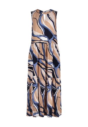 Maxikjole med ærmeløs design, nøglehulsudskæring, flydende stof med abstrakte mønstre i nuancer af beige, blå og sort.