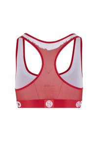 Rode sportbeha met een racerback ontwerp, voorzien van een gestructureerde rode stof, witte mesh inzetstukken en een ondersteunende elastische band met een logo.