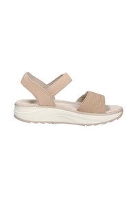 Sandalia beige con tiras cruzadas, banda texturizada, plantilla acolchada suave y suela de plataforma blanca. Diseño ligero y abierto para una mejor transpirabilidad.