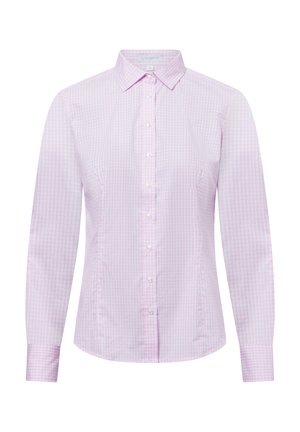Light pink button-up shirt in checkered pattern, long sleeves, pointed collar, and tailored fit with white buttons and subtle texture.