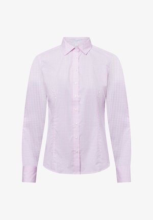 Light pink button-up shirt in checkered pattern, long sleeves, pointed collar, and tailored fit with white buttons and subtle texture.