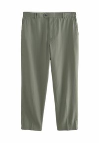 Pantaloni de un verde oliv deschis, confecționați dintr-un material moale. Prezintă un croi drept, închidere cu nasture și două buzunare laterale. Textură netedă și design minimalist.