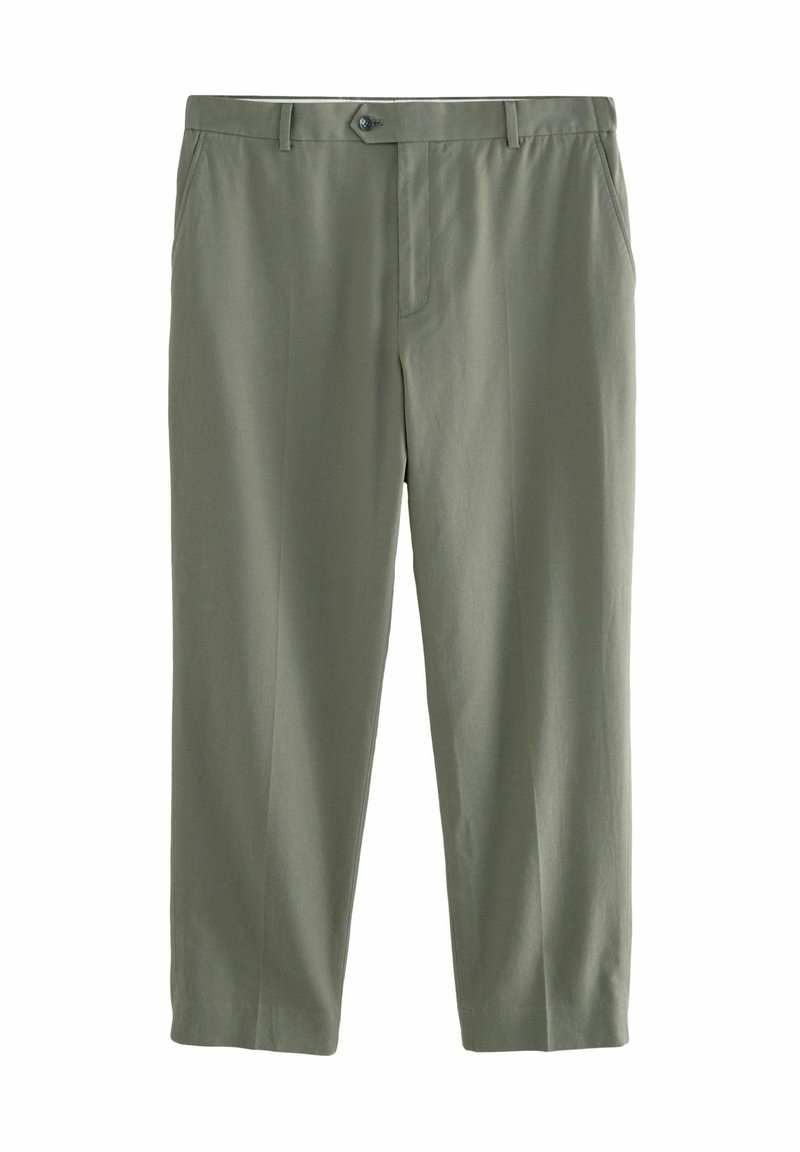Pantaloni de un verde oliv deschis, confecționați dintr-un material moale. Prezintă un croi drept, închidere cu nasture și două buzunare laterale. Textură netedă și design minimalist.