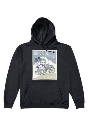 Czarna bluza z kapturem z grafiką z przodu z retro wzorem motocykla, "Biker Betty Motorcycle Club" oraz napisem "Od 1930 roku."
