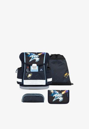 Set di zaini scolastici per bambini a tema spaziale con disegni di astronave, pianeta e meteora, include uno zaino, una sacca con coulisse, un astuccio e un portafoglio.