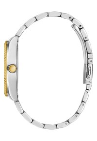 Stainless steel wristwatch with a silver band and a rectangular case. The crown is gold with a textured edge, featuring a smooth gold accent.