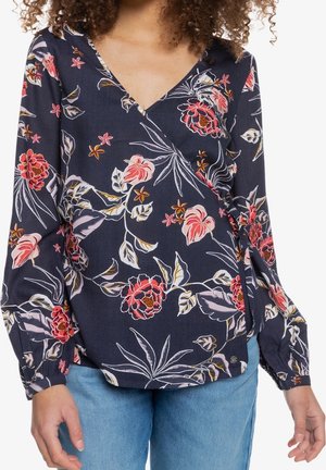 Navyfarbene Bluse mit Blumenmuster in Pink und Weiß, langen Ärmeln mit elastischen Bündchen und V-Ausschnitt.