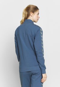 Niebieska sportowa kurtka z wysokim kołnierzem, długimi rękawami oraz kontrastowymi paskami w kształcie chevronu wzdłuż rękawów. Gładka tekstura materiału.