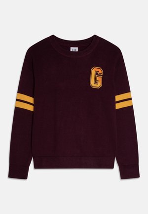 Pull à manches longues violet foncé avec deux bandes jaunes sur chaque manche et un écusson jaune en forme de lettre G sur la poitrine gauche.