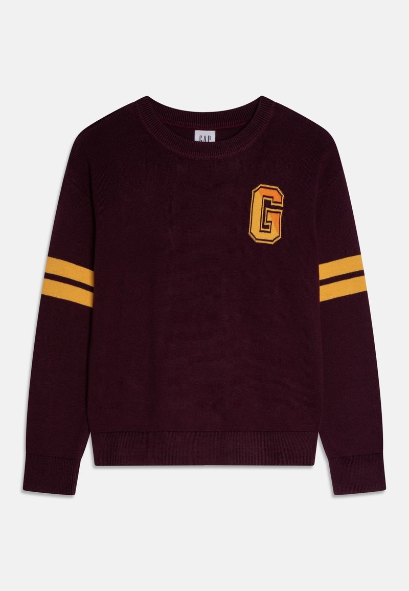 Pull à manches longues violet foncé avec deux bandes jaunes sur chaque manche et un écusson jaune en forme de lettre G sur la poitrine gauche.