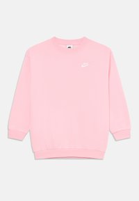 Rosa långärmad Nike sweatshirt med ribbade manschetter och fåll, med en liten vit Nike-logotyp på övre vänstra bröstet.
