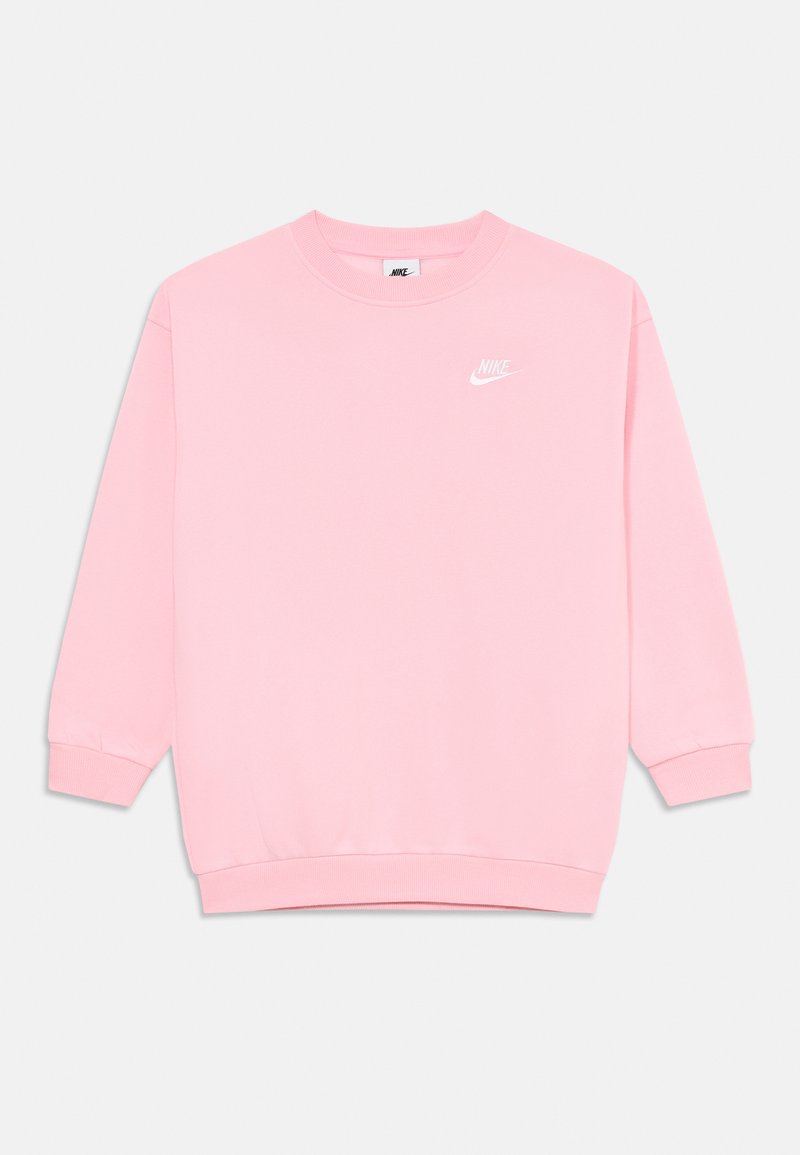 Rosa långärmad Nike sweatshirt med ribbade manschetter och fåll, med en liten vit Nike-logotyp på övre vänstra bröstet.