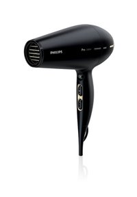 Schwarzer Philips-Haartrockner mit einem eleganten Design, verfügt über ein rundes Gitter, einen ergonomischen Griff und Tasten für die Einstellungen. 2300W Leistung.