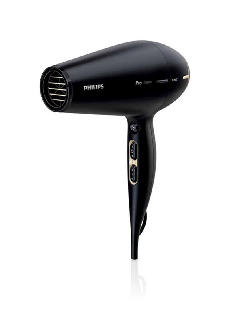 Schwarzer Philips-Haartrockner mit einem eleganten Design, verfügt über ein rundes Gitter, einen ergonomischen Griff und Tasten für die Einstellungen. 2300W Leistung.