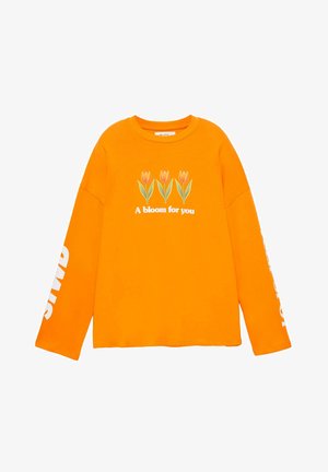 Fel oranje shirt met lange mouwen met drie illustraties van tulpen en de tekst "Een bloei voor jou" op de voorkant, witte tekst op de mouwen.