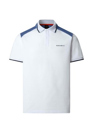 Wit poloshirt met blauwe schouderpanelen, marineblauwe rand aan de kraag en mouwen, tweeknopssluiting en het "Hackett" logo op de borst.