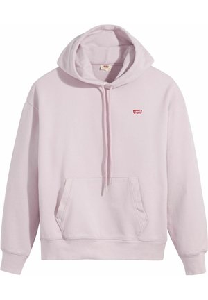Lichtroze Levi's hoodie met voorzak in kangaroostijl, verstelbare capuchon met trekkoord en klein rood Levi's-logo op de borst.