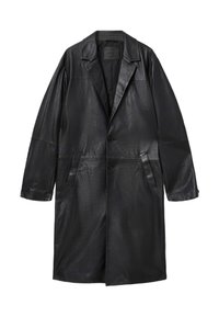 Cappotto in pelle nera con design strutturato, due bottoni e due tasche laterali. Presenta un colletto a revers e una texture liscia.