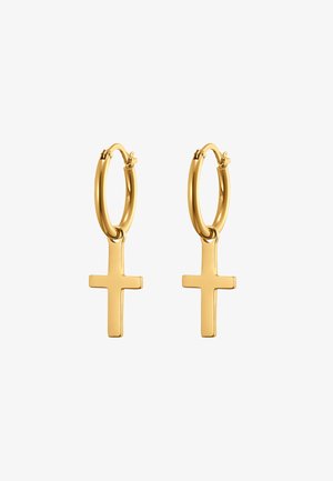 Goldfarbene Creolen mit einem hängenden Kreuzanhänger, mit einer polierten Oberfläche und glatter Textur. Klassisches Design mit einem einfachen, minimalistischen Stil.