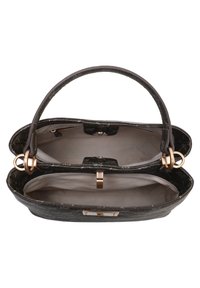 Schwarze Handtasche aus Kunstleder mit zwei Fächern, goldfarbenen Metallakzenten und einer strukturierten Oberfläche. Verfügt über einen Doppelgriff zum Tragen.