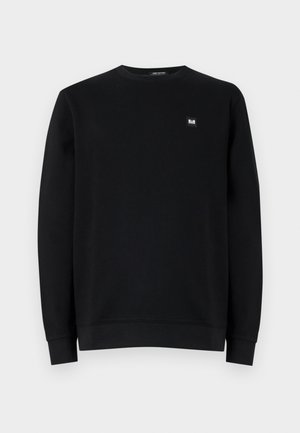 Black sweatshirt, round neck, long sleeves, made of soft fabric. Features a small logo patch on the chest. Clean design, no patterns.