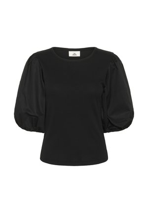 Juodas marškinėliai su apvalia iškirpte ir trumpomis pūstomis rankovėmis. Lygios pagrindinės medžiagos su tekstūruotomis, sukasi rankovėmis. Kasdienis siluetas.