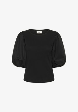 Haut noir avec un col rond et des manches courtes bouffantes. Tissu principal lisse avec un design de manches texturé et froncé. Coupe décontractée.