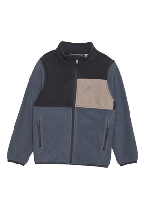 Giacca in pile di colore blu navy, nero e beige con colletto alto, zip frontale e due tasche laterali con chiusura con zip.