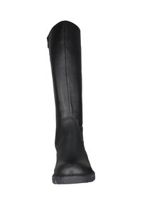 Bota de cuero negro hasta la rodilla con una textura suave, forma recta y detalles de costura mínimos. Punta redonda y suela plana.