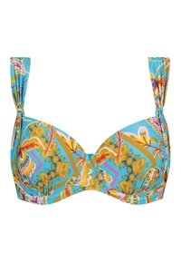 Top bikini con ferretto con motivi floreali vivaci in blu, oro e rosa. Presenta spalline annodate regolabili e un design strutturato.