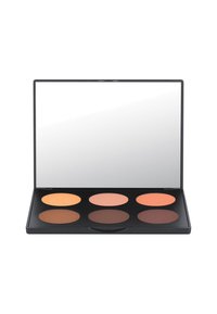 Palette de maquillage avec six godets ronds dans différentes teintes nues. Boîtier noir mat avec un miroir à l'intérieur. Texture lisse, design compact.