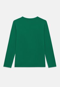 Zelena dolga majica z dolgimi rokavi, izdelana iz gladkega bombaža; ima okrogel izrez in raven kroj brez vidnih vzorcev ali poudarkov.