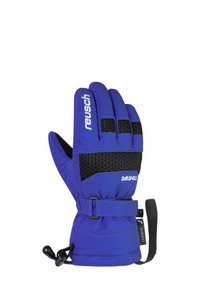 Blue winter glove with black textured panels, adjustable wrist strap, and brand name "reusch" on the index finger area.